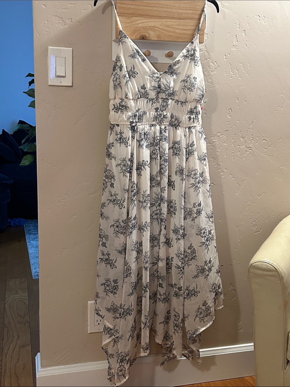 Cream Floral Asymmetrical Maxi Dress with Smocked Waist